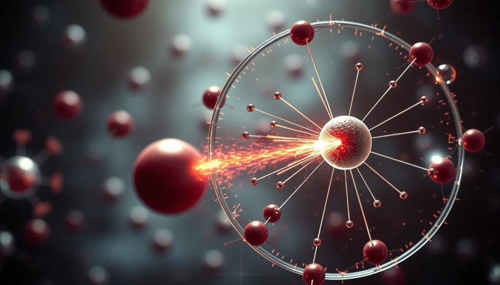 A detailed, highly realistic illustration of the ionization process in chemistry. In the foreground, show a close-up view of an atom losing an electron, with the electron being ejected from the atom's orbital shell in a burst of energy. The middle ground should depict the resulting positively charged ion and the free electron, rendered with meticulous scientific accuracy. In the background, include a subtle, hazy backdrop of other atoms and molecules to provide context. Utilize a crisp, photorealistic style with clean lines, vivid colors, and precise attention to scientific detail. Employ dramatic lighting and angles to enhance the visual impact and convey the dynamic nature of the ionization process.