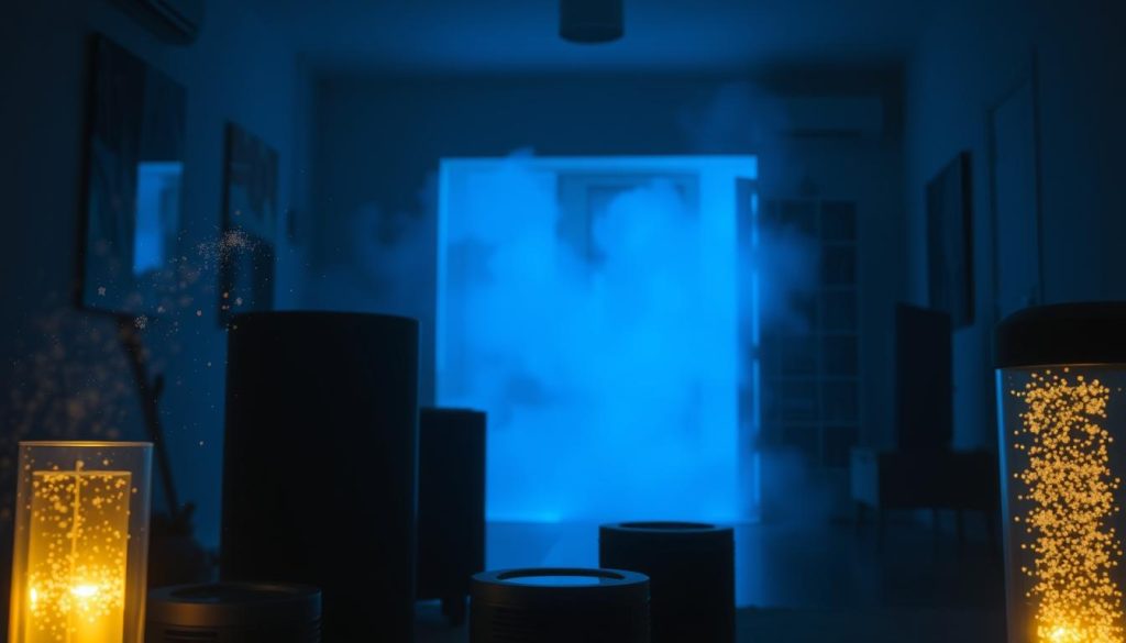 A dimly lit indoor space, bathed in a soft, bluish-tinted lighting. In the foreground, a collection of air purifier devices emitting a subtle glow, representing the negative ions they generate. Floating particles and motes of dust are visible, illuminated by the ionized air. In the middle ground, the scene depicts an atmospheric representation of improved indoor air quality, with a sense of cleanliness and freshness. The background features a hazy, ethereal quality, suggesting the unseen, yet impactful, presence of negative ions and their effects on the environment. The overall mood is one of tranquility, scientific inquiry, and the invisible forces at work in enhancing indoor air quality.