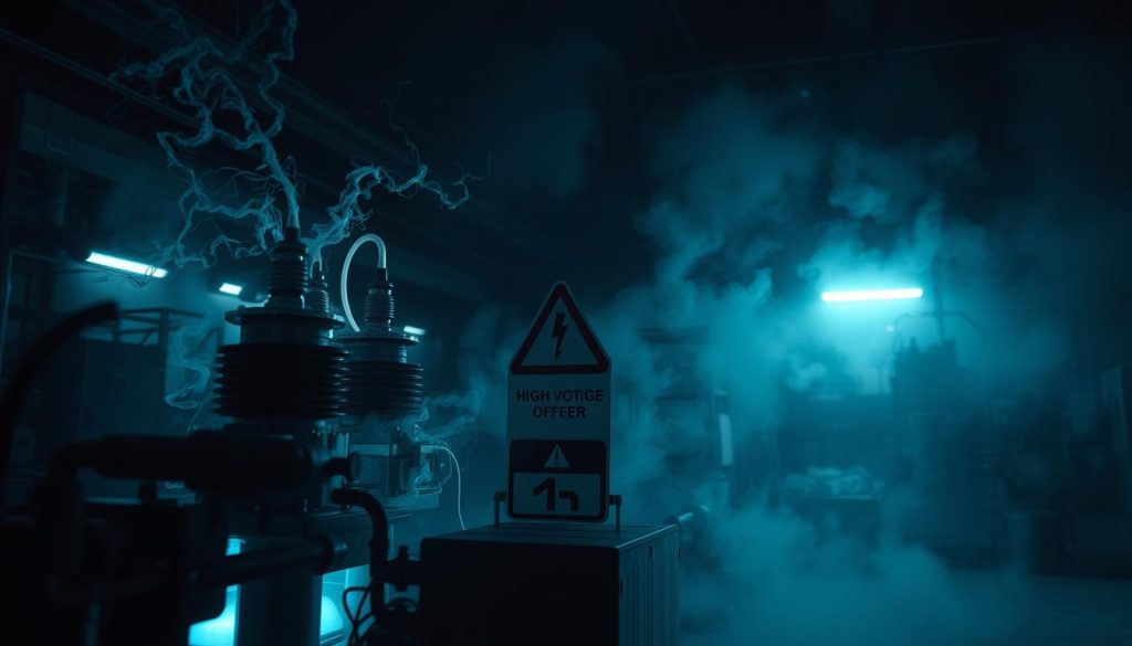 A dimly lit industrial warehouse, the air thick with the scent of ozone and electrical discharge. In the foreground, a complex apparatus of electrodes, coils, and transformers, glowing with a faint blue hue. Wisps of ionized air swirl around the device, creating a sense of energy and potential danger. In the middle ground, a cautionary sign warning of high voltage, its stark red and black hues a stark contrast to the cool tones of the machinery. The background is shrouded in shadow, hinting at the larger scale of the operation and the potential risks involved. The lighting is dramatic, creating deep shadows and highlights that accentuate the ominous nature of the scene. The overall mood is one of unease and caution, reflecting the complexities and hazards of ozone generation.