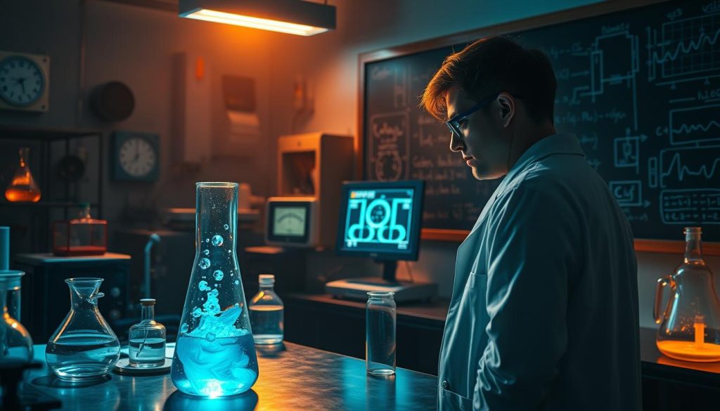 A dimly lit laboratory filled with scientific equipment and glassware, casting a warm glow. In the foreground, a scientist examines a beaker containing a swirling blue liquid, representing the study of ions. The middle ground showcases various scientific instruments, including a spectroscope, voltmeter, and a computer monitor displaying data visualizations. In the background, a chalkboard covered in complex equations and diagrams related to ion research. The scene conveys a sense of focused investigation and the pursuit of knowledge about the behavior and properties of ions.