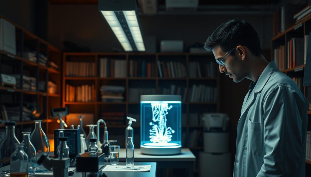 A dimly lit laboratory interior, with a central workbench showcasing various scientific instruments and glassware. In the foreground, a scientist in a white lab coat carefully examines a device emitting negative ions, its subtle glow illuminating the scene. The background features shelves lined with books and medical journals, hinting at the depth of research into this cutting-edge therapy. Soft, warm lighting casts subtle shadows, creating an atmosphere of focused exploration and discovery. The overall mood is one of scientific curiosity and the pursuit of knowledge, reflecting the importance of this innovative field of study.