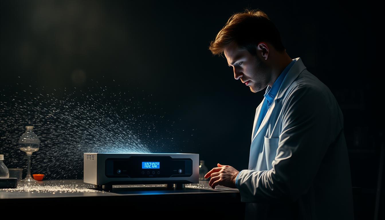 A dimly lit laboratory setting, with a central workbench showcasing a device emitting a stream of negative ions. The device's design is sleek and modern, with metallic accents and a glowing blue display. In the foreground, a scientist wearing a white lab coat examines the device, their face lit by the ionized particles. The background is hazy, with a sense of depth and scientific equipment visible in the shadows, creating an atmosphere of scientific inquiry and discovery. The lighting is dramatic, casting long shadows and highlighting the negative ions as they disperse through the air, creating a visually striking and impactful scene.
