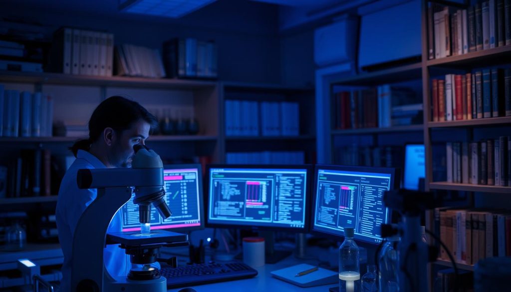 A dimly lit laboratory with sleek scientific equipment and instruments, a researcher intently studying a series of negative ion test results displayed on multiple computer screens. The scene is bathed in a soft, blue-tinged lighting, creating an atmosphere of scientific inquiry and discovery. In the foreground, a sophisticated microscope is focused on a sample, while in the background, shelves of journals and scientific tomes line the walls, suggesting a wealth of knowledge and research. The overall impression is one of a methodical, evidence-based investigation into the properties and effects of negative ions.