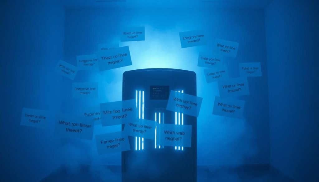 A dimly lit room with a negative ion therapy machine prominently displayed, surrounded by various common misconceptions written on floating transparent sheets. The machine is bathed in a soft, blue-tinted light, creating an serene, almost mystical atmosphere. In the foreground, these misconceptions are gently swirling, obscuring and revealing themselves, inviting the viewer to consider the truths behind the myths. The background is hazy, with subtle textures and shadows to provide depth and a sense of contemplation. The overall composition conveys a sense of enlightenment, guiding the viewer to reconsider their preconceptions about negative ion therapy.