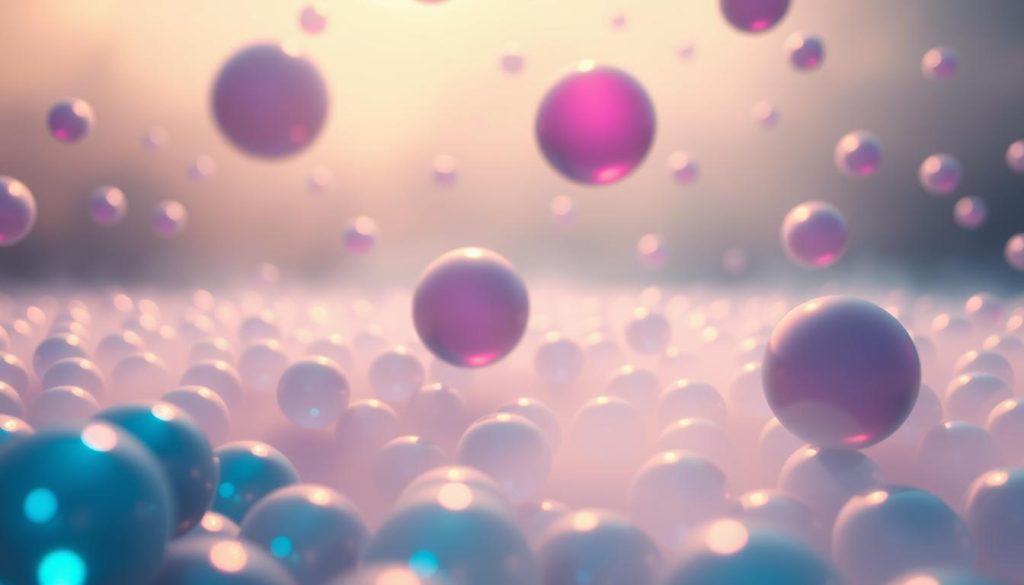A floating array of glowing, iridescent spheres radiating an ethereal, calming energy. The foreground features a cluster of softly pulsing orbs in shades of azure and indigo, their surfaces reflecting shimmering highlights. In the middle ground, larger spheres in gradient hues of violet and pink drift serenely, their gentle motions evoking a sense of peaceful tranquility. The background is filled with a hazy, atmospheric glow, creating a serene, meditative ambiance. Soft, diffused lighting casts a soothing, ambient illumination, enhancing the mood-elevating qualities of the "mood-enhancing ions."