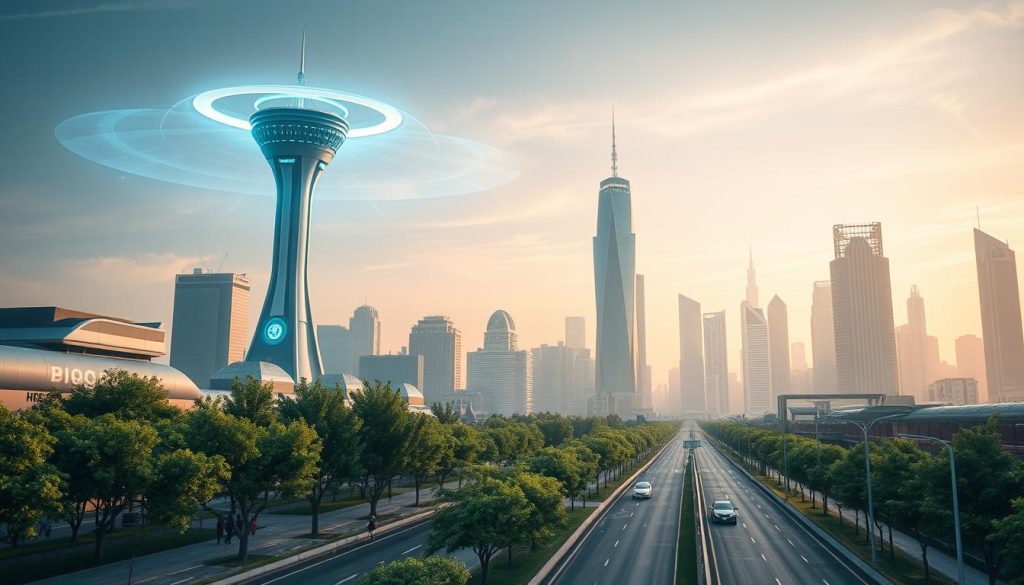 A futuristic cityscape with advanced air purification systems, featuring a central ionization tower emitting a glowing blue halo of energy. In the foreground, sleek hovering vehicles and pedestrians stroll along pristine, tree-lined sidewalks. The middle ground showcases towering skyscrapers with integrated green technologies, while the background depicts a vibrant, pollution-free skyline bathed in warm, diffused lighting. The scene conveys a sense of harmony between technology and nature, showcasing the transformative potential of ionization in creating a cleaner, more sustainable urban environment.