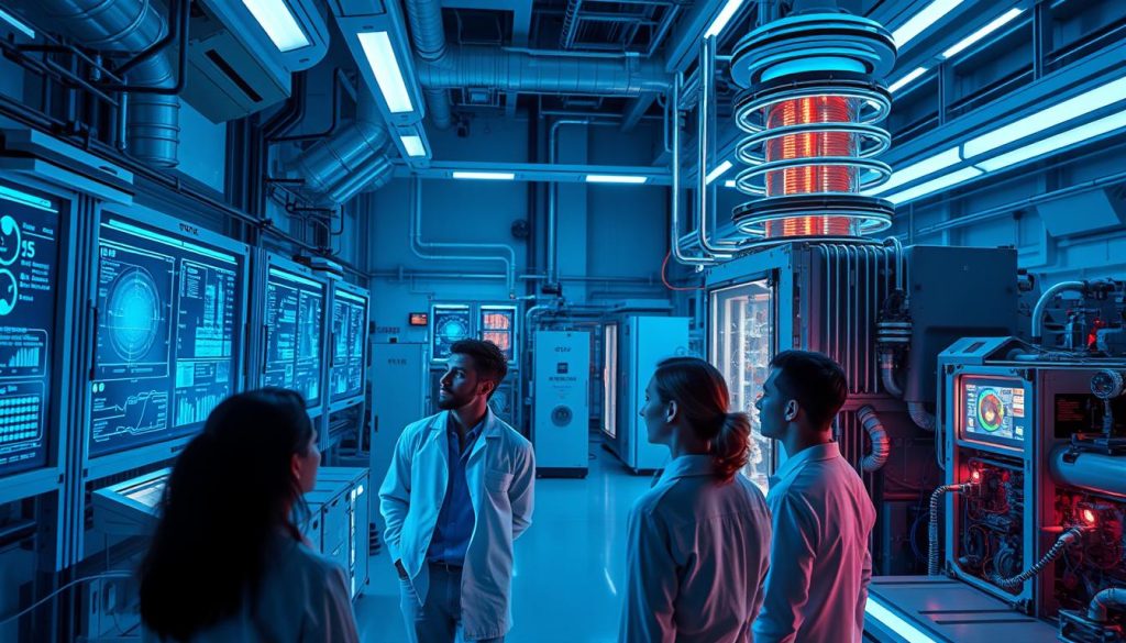 A futuristic laboratory filled with advanced scientific instruments and glowing ion chambers, casting an ethereal blue light across the scene. In the foreground, a team of researchers examines data displayed on holographic screens, their expressions thoughtful as they ponder the implications of their findings. In the middle ground, sleek, angular equipment hums with power, while in the background, a massive ion accelerator towers, its coils and conduits pulsing with contained energy. The atmosphere is one of focused intensity, a sense of excitement and discovery palpable in the air as the researchers push the boundaries of ion research, unlocking the secrets of the invisible world.