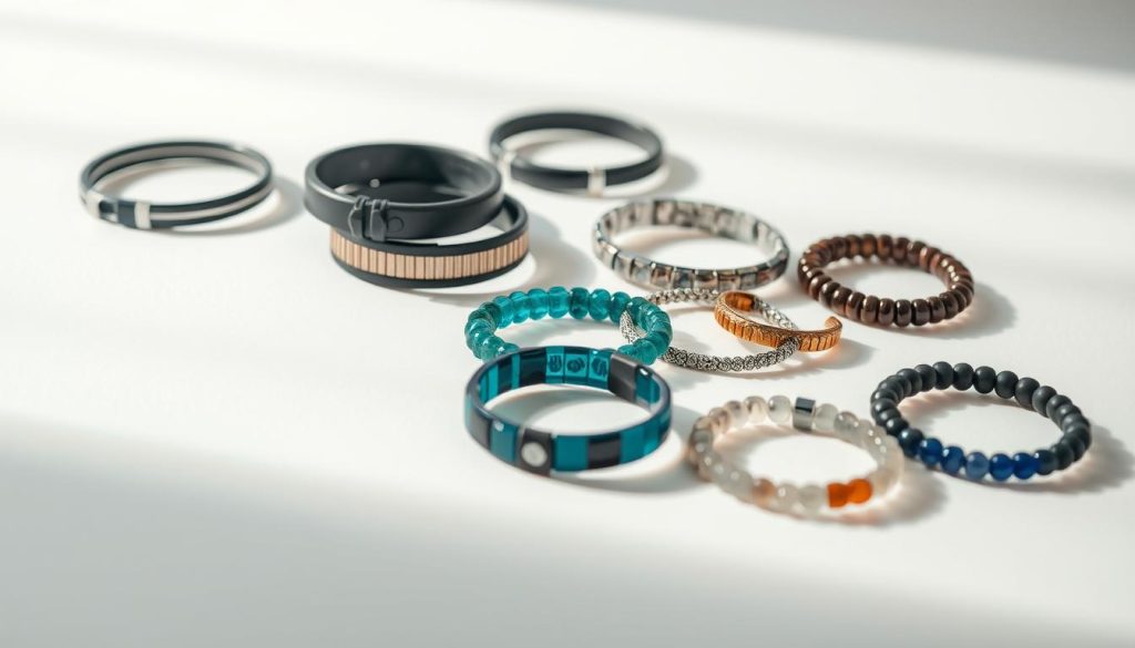 A high-quality close-up shot of various types of negative ion bracelets arranged in a neat grid formation against a soft, minimalist background. The bracelets should be well-lit from the side, creating dynamic shadows and highlights that showcase their unique designs and materials. Include a range of popular styles such as silicone, titanium, and gemstone bracelets, all displayed with meticulous attention to detail. The overall composition should convey a sense of product comparison and evaluation, with a clean, professional aesthetic suitable for an informative article on the efficacy of these wellness accessories.