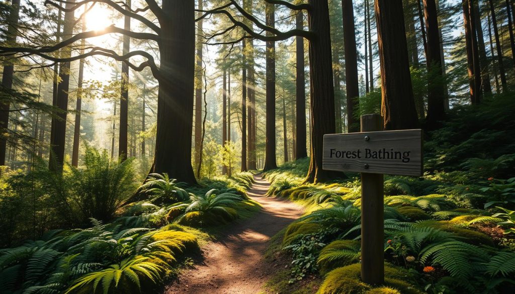 A lush, verdant forest path winds its way through the dappled sunlight. Tall, ancient trees stretch their branches overhead, casting gentle shadows on the mossy ground below. Ferns and wildflowers dot the forest floor, creating a serene and inviting atmosphere. A weathered wooden sign points the way, guiding visitors on a peaceful journey of forest bathing. The air is filled with the calming scent of pine and the soothing sounds of rustling leaves. Soft, diffused lighting creates a warm, natural glow, highlighting the beauty and tranquility of this enchanting forest walk.