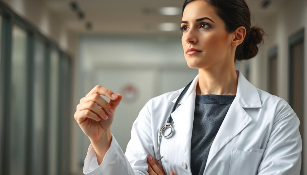 A medical expert in a crisp white lab coat stands thoughtfully, holding a negative ion bracelet in one hand. The lighting is soft and natural, accentuating the professional's serene expression as they examine the bracelet. The background is a subtly blurred medical clinic, hinting at the expert's authority and credibility. The composition is balanced, with the expert's gaze directed slightly off-camera, inviting the viewer to ponder the potential benefits and skepticism surrounding these alternative health devices.
