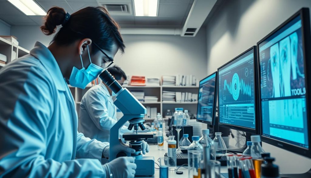 A modern laboratory setting, with scientists in white coats meticulously studying data and manipulating scientific equipment. Bright, diffused lighting illuminates the scene, casting a professional, clinical atmosphere. In the foreground, a technician peers into a microscope, surrounded by beakers, test tubes, and other precision instruments. The middle ground features a large, state-of-the-art computer display, showcasing complex visualizations and analysis. In the background, shelves of reference materials and technical manuals line the walls, reflecting the intellectual rigor of the research. An overall sense of focused, systematic inquiry pervades the scene, conveying the diligence and care that goes into the scientific process.