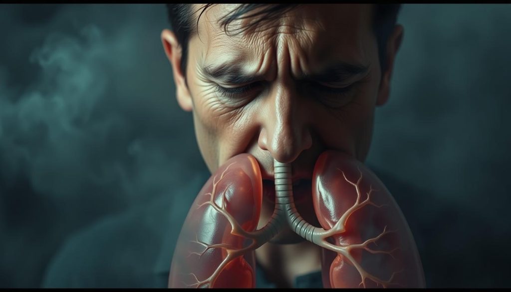 A person struggling to breathe, their face etched with discomfort, surrounded by a hazy, misty atmosphere. In the foreground, a pair of lungs appear inflamed and constricted, their airflow impeded. The background is shrouded in a muted, grayish-blue palette, conveying a sense of unease and respiratory distress. Soft, directional lighting casts shadows that accentuate the person's strained features, creating a somber, documentary-style aesthetic. The overall scene evokes the physical and emotional toll of respiratory issues, with a sense of tension and the need for intervention.