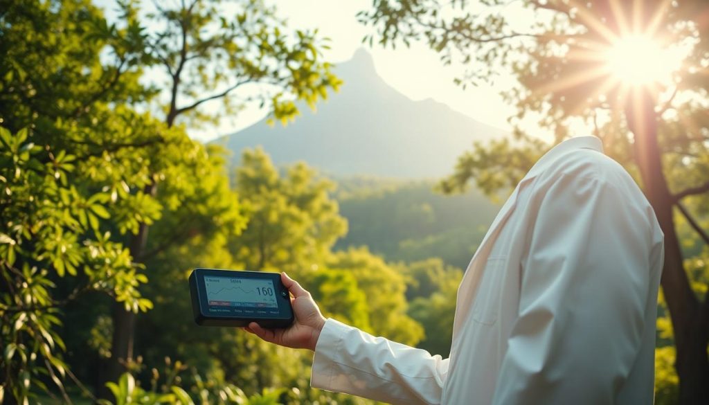 A researcher wearing a white lab coat stands in a lush, verdant forest, holding a sophisticated device to measure the concentration of negative ions in the air. The device's display shows fluctuating readings, indicating the dynamic nature of this natural phenomenon. Sunlight filters through the canopy, casting a warm, golden glow on the scene. In the background, a towering mountain range rises, adding a sense of scale and grandeur to the environment. The overall atmosphere conveys a sense of scientific exploration and wonder at the hidden workings of the natural world.