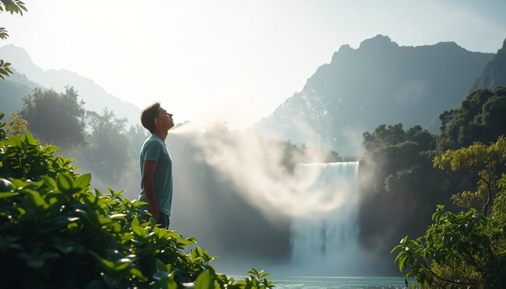 A serene and rejuvenating scene depicting the therapeutic power of negative ions. In the foreground, a person stands amidst lush, verdant foliage, breathing deeply as negative ions swirl around them, enveloping their body in a gentle, glowing aura. The middle ground showcases a tranquil waterfall, its cascading waters emitting a negative ion-rich mist that gently bathes the surrounding area. In the background, towering mountains rise, their peaks shrouded in a soft, hazy light, creating a sense of peaceful isolation. The overall atmosphere is one of calming, restorative energy, highlighting the profound impact of negative ions on physical health and wellbeing.