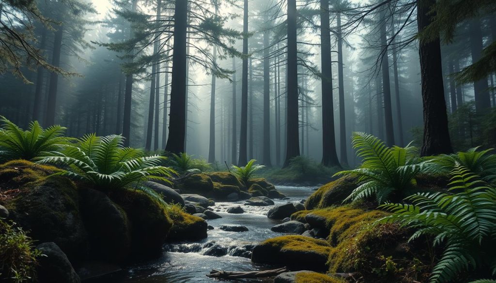 A serene forest glade, bathed in soft, diffuse natural lighting. In the foreground, lush ferns and mossy rocks line a small, tranquil stream, its waters sparkling with natural negative ions. In the middle ground, towering pine trees stretch towards the sky, their branches rustling gently. The background is shrouded in a mist-like haze, creating a sense of depth and mystery. The overall atmosphere is one of calm, rejuvenation, and the restorative power of nature.