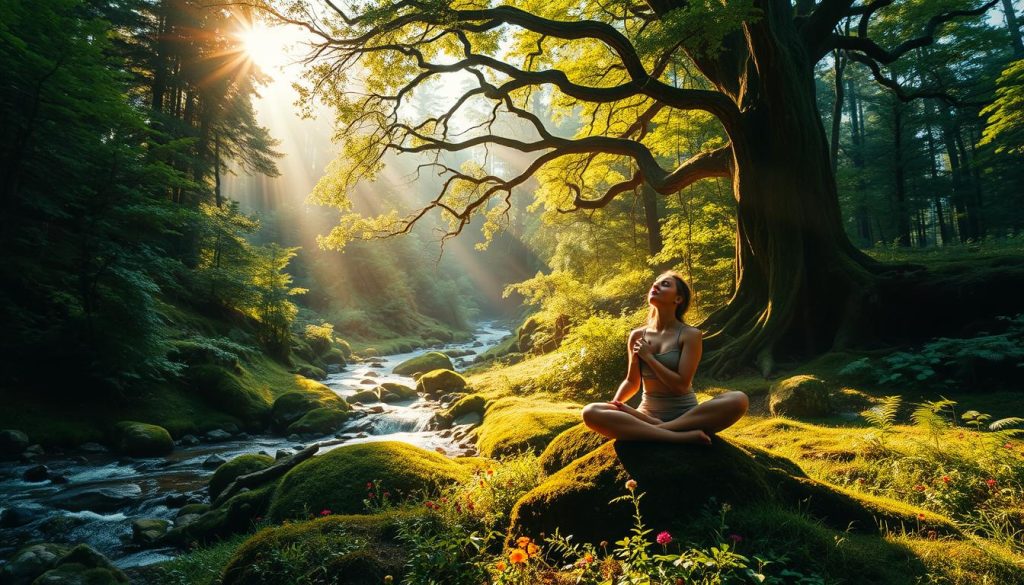 A serene forest landscape with lush, verdant foliage and a winding stream flowing through the center. Sunlight filters through the canopy, casting a warm, golden glow over the scene. In the foreground, a person sits cross-legged on a moss-covered rock, eyes closed in meditation, embracing the tranquility of the natural environment. The middle ground features a variety of vibrant wildflowers and ferns, while the background showcases towering, ancient trees with their branches reaching towards the sky. The overall composition conveys a sense of restorative calm and the healing power of immersion in nature.
