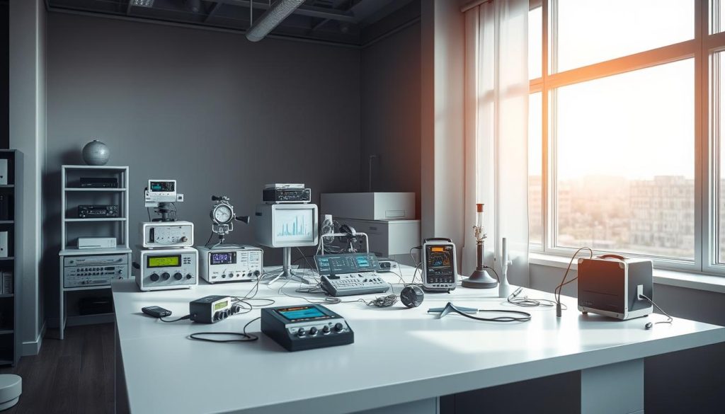 A serene indoor environment bathed in soft, diffused natural lighting, with a central focus on an array of scientific measuring instruments and devices meticulously arranged on a clean, minimalist workbench. The instruments display various readouts and indicators, visualizing the presence and concentration of different ionic particles in the air. Surrounding the workbench, a muted color palette of greys, whites, and subtle earth tones creates a calming, professional atmosphere, evoking a sense of scientific inquiry and environmental analysis. The scene conveys a measured, analytical approach to understanding the nuances of air quality and the role of positive and negative ions.