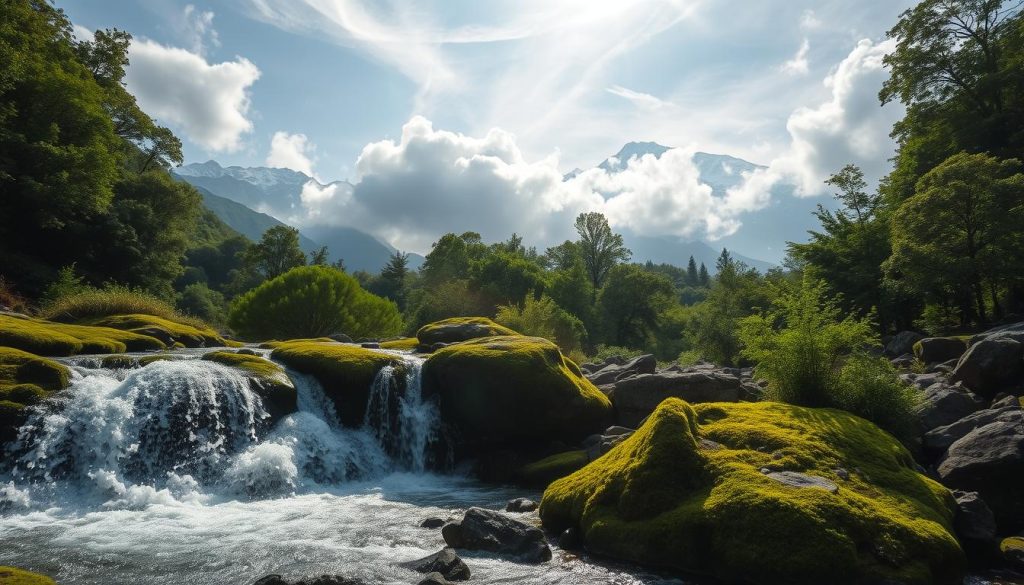 A serene landscape showcasing the natural creation of negative ions. In the foreground, a waterfall cascades over moss-covered rocks, generating a mist of negatively charged particles. The middle ground features lush, verdant foliage bathed in soft, diffused sunlight filtering through wispy clouds. In the background, majestic mountains rise, their peaks capped with snow. The overall atmosphere is one of tranquility and balance, highlighting the powerful role of nature in the production of these beneficial ions.