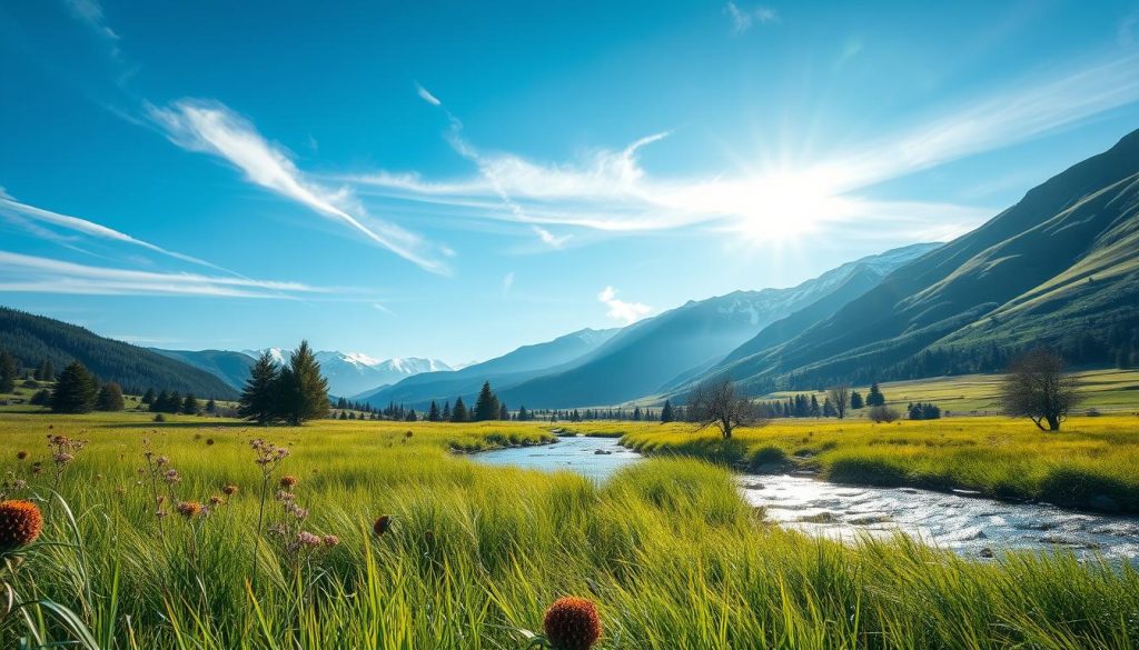 A serene meadow bathed in soft, natural lighting. In the foreground, lush green grass sways gently, interspersed with clusters of vibrant wildflowers. Wispy clouds drift across a clear, azure sky, casting delicate shadows on the ground below. In the middle ground, a tranquil stream flows, its surface rippling with negative ions that emanate a calming, rejuvenating energy. In the distance, a majestic mountain range stands tall, its peaks capped with pristine snow. The overall atmosphere is one of peace, purity, and the restorative power of nature's invisible air purifiers - negative ions.