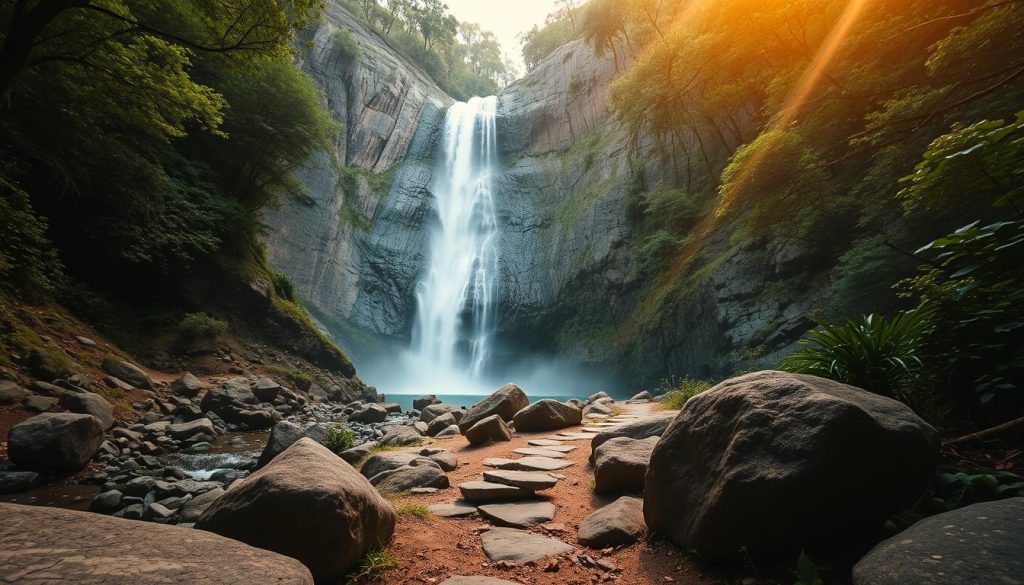 A serene mountain landscape with a majestic waterfall cascading down a rocky cliff, surrounded by lush greenery. The water appears to be glowing with a subtle bluish hue, indicating the presence of negative ions. The foreground features smooth boulders and a winding path leading towards the waterfall, inviting the viewer to explore. Warm, diffused sunlight filters through the canopy, creating a calming, therapeutic atmosphere. The composition is balanced, with the waterfall as the focal point, framed by the surrounding mountains and flora. Captured with a wide-angle lens to emphasize the grandeur of the scene.