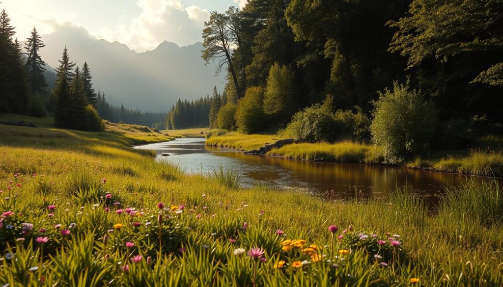 A serene, natural landscape bathed in soft, diffused lighting. In the foreground, a grassy field dotted with vibrant wildflowers, emitting a gentle, calming glow. In the middle ground, a tranquil stream flows, its surface reflecting the surrounding greenery. Along the banks, lush, verdant foliage and towering trees create a soothing, negative ion-rich atmosphere. In the background, a majestic mountain range stands tall, its peaks partially obscured by wispy, ethereal clouds. The overall scene conveys a sense of peace, harmony, and rejuvenation, inviting the viewer to immerse themselves in nature's therapeutic embrace.