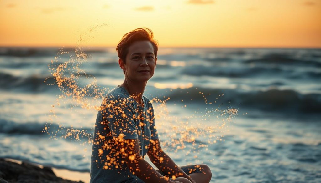 A serene oceanside landscape, with rolling waves lapping against the shore. In the foreground, a person sits peacefully, their expression conveying a sense of calm and mental clarity. Swirling around them are delicate, glowing negative ions, depicted as shimmering, wispy particles that dance and drift through the air. The background is bathed in a warm, golden light, creating a tranquil, rejuvenating atmosphere. The composition is balanced, with the figure and negative ions occupying the central focus, while the ocean and sky provide a soothing, harmonious backdrop. The overall image aims to capture the restorative, therapeutic effects of negative ions on mental health and well-being.