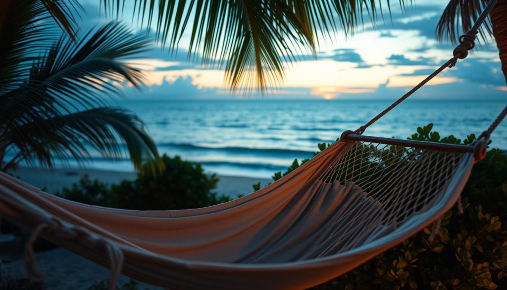 A serene seaside scene at dusk, with a gentle sea breeze caressing the shore. In the foreground, a soft, inviting hammock sways lazily, beckoning for a tranquil slumber. The middle ground features lush, verdant foliage, with swaying palm fronds casting playful shadows. In the background, the horizon is painted in hues of orange and pink, as the setting sun dips below the gently undulating waves. Ambient lighting casts a warm, soothing glow, creating an atmosphere of calm and relaxation. The overall scene evokes a sense of deep tranquility, promising a restful and rejuvenating sleep experience.