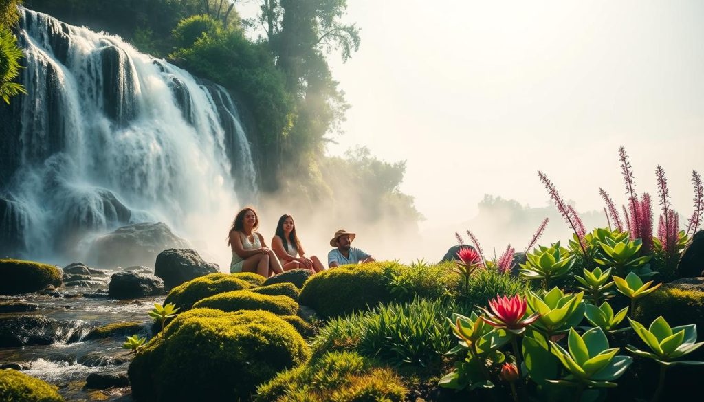 A serene, sunlit landscape with a tranquil waterfall cascading over moss-covered rocks, surrounded by lush greenery. In the foreground, a group of people are positioned thoughtfully, their expressions calm and content as they bask in the negative ions emanating from the cascading water. The middle ground showcases a range of vibrant flora, hinting at the rejuvenating effects of the negative ions on the surrounding environment. In the background, a soft, hazy sky adds to the peaceful ambiance, while strategic lighting and a wide-angle lens capture the scene in a balanced, cinematic manner. The overall mood is one of serenity, wellness, and the restorative power of nature.