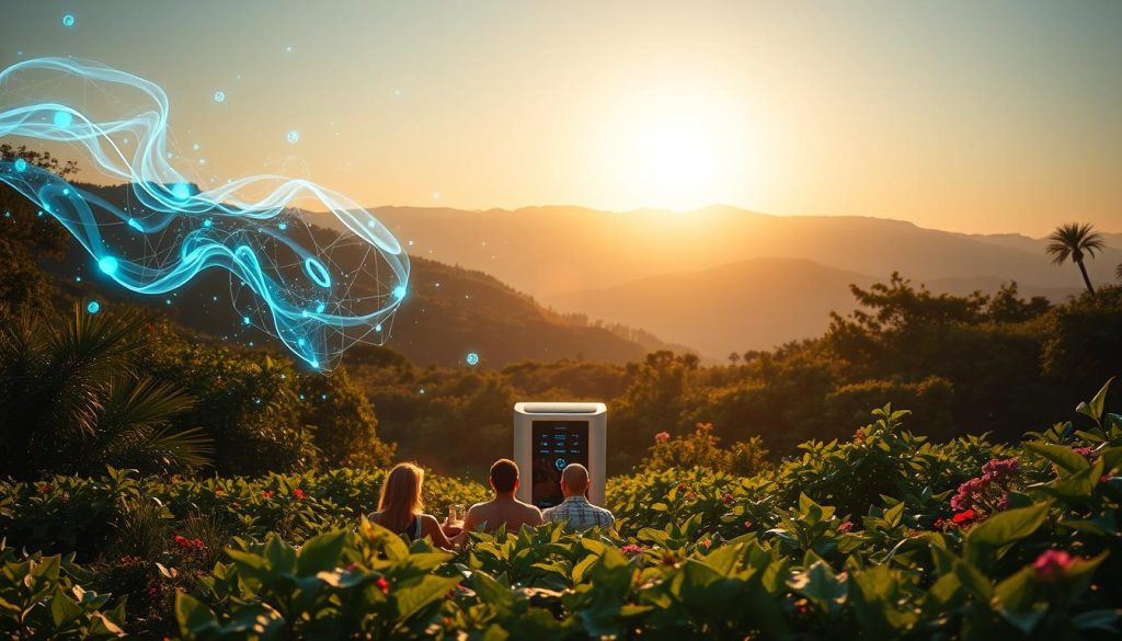 A serene, vibrant landscape filled with lush, verdant foliage. In the foreground, a group of people relaxing and rejuvenating, basking in the warm, natural light. Floating above them, ethereal wisps of negative ions, their electric blue hues emanating a soothing, calming energy. In the middle ground, a state-of-the-art negative ion therapy machine, its sleek, modern design blending seamlessly with the natural surroundings. The background features a picturesque mountain range, its peaks bathed in a soft, golden glow, creating an atmosphere of tranquility and well-being. The scene evokes a sense of harmony, balance, and the profound health benefits of negative ion therapy.
