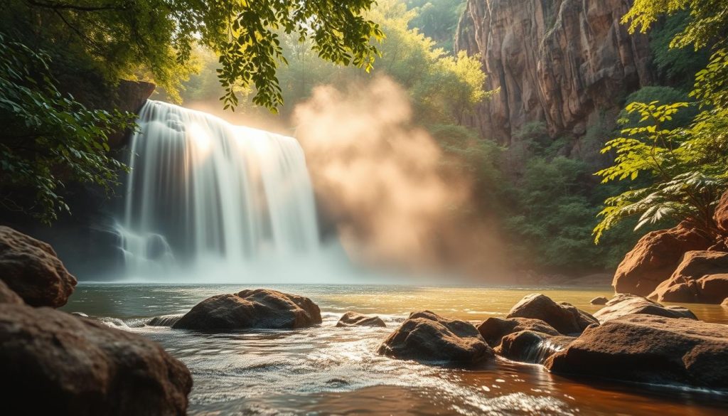 A serene waterfall cascades amidst lush, verdant foliage, its flowing waters emanating a gentle mist. The foreground features smooth, weathered rocks and a tranquil pool, inviting the viewer to immerse themselves in the therapeutic atmosphere. Soft, diffused lighting filters through the canopy above, casting a warm, golden glow over the scene. In the middle ground, wispy tendrils of mist drift through the air, charged with negative ions that are believed to have a rejuvenating effect on the human body and mind. The background reveals a towering, cliff-like backdrop, framing the waterfall in a picturesque, natural setting. The overall mood is one of restorative calm and harmony, capturing the essence of "Negative Ions Near Waterfalls: A Natural Remedy".
