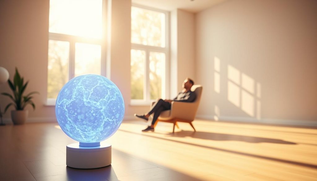 A serene, well-lit indoor scene depicting the health benefits of negative ions. In the foreground, a glowing blue-violet orb of ionized air, radiating a calming energy. In the middle ground, a person sitting in a comfortable chair, relaxed and focused, basking in the negative ion-rich atmosphere. The background showcases a clean, minimalist room with large windows, allowing natural daylight to fill the space. The lighting is warm and diffused, creating a soothing, therapeutic ambiance. The overall scene conveys a sense of tranquility, balance, and the restorative power of negative ions on the human body.