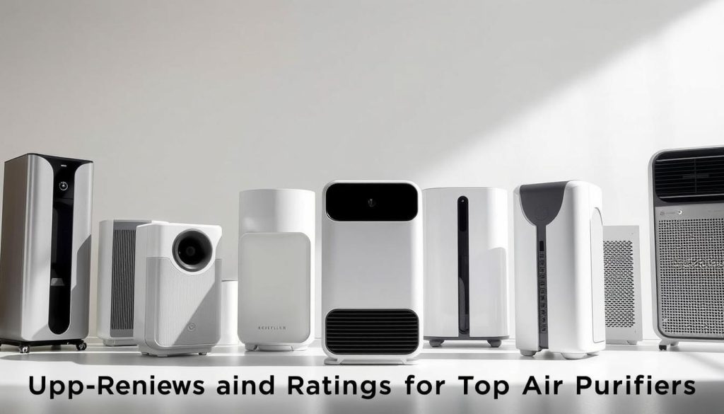 A sleek and modern arrangement of top-rated air purifiers, showcasing their advanced negative ion technology. The devices are displayed in a well-lit, minimalist setting, allowing their clean lines and functional design to take center stage. The purifiers are positioned at various angles, creating a dynamic and visually engaging composition. Subtle shadows and reflections add depth and a sense of dimensionality to the scene. The overall mood is one of efficiency, innovation, and a commitment to cleaner, healthier indoor air. The image effectively conveys the key features and benefits of the reviewed air purifiers, making it an ideal visual accompaniment to the "User Reviews and Ratings for Top Air Purifiers" section of the article.