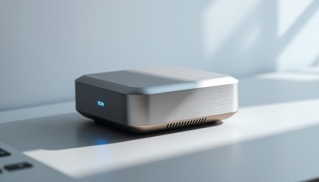 A sleek, compact negative ion generator rests on a minimalist desk, casting a soft glow. The device features a smooth, brushed metal casing with a subtle blue LED indicator, hinting at the invisible ions it emits. Crisp shadows from indirect studio lighting create a sense of depth, emphasizing the generator's compact, portable form factor. The muted color palette and clean lines convey a modern, professional aesthetic, perfectly suited for a home office or personal workspace. The scene exudes a serene, rejuvenating atmosphere, inviting the viewer to experience the benefits of personal air purification.