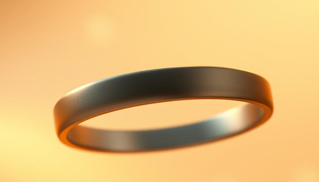 A sleek, minimalist ion purifier bracelet levitates gently against a soft, ethereal backdrop. The bracelet's matte metallic surface gleams under warm, diffused lighting, its subtle curves and streamlined design exuding a futuristic, high-tech aesthetic. Delicate, wispy particles swirl around the bracelet, hinting at the device's ability to purify the air. The overall mood is one of calm, sophistication, and advanced technology seamlessly integrated into a wearable accessory.