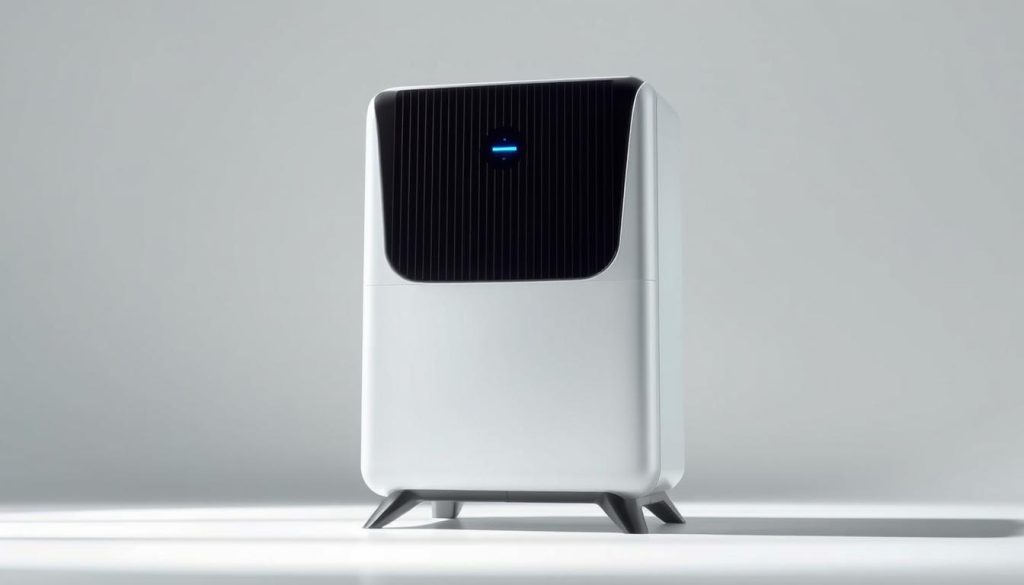 A sleek, modern air purifier with a minimalist design, set against a clean, bright background. The purifier is the focal point, showcasing its advanced negative ion technology with a faint blue glow. The lighting is soft and diffused, highlighting the smooth, reflective surfaces. The background features subtle, muted tones to create a calming, professional atmosphere, emphasizing the product's efficacy and quality. The angle is slightly elevated, giving the viewer a high-end, aspirational perspective on this top-of-the-line air purification solution.