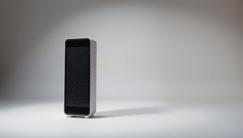 A sleek, modern ionizer air purifier for home use, showcased in a well-lit studio setting. The device stands prominently in the foreground, its clean, minimalist design highlighted by soft, directional lighting that casts subtle shadows and highlights the intricate grille pattern. In the middle ground, a subtle backdrop of neutral tones complements the purifier, creating a sense of balance and simplicity. The overall atmosphere conveys a sense of efficiency and technological sophistication, reflecting the advanced negative ion technology powering the device.