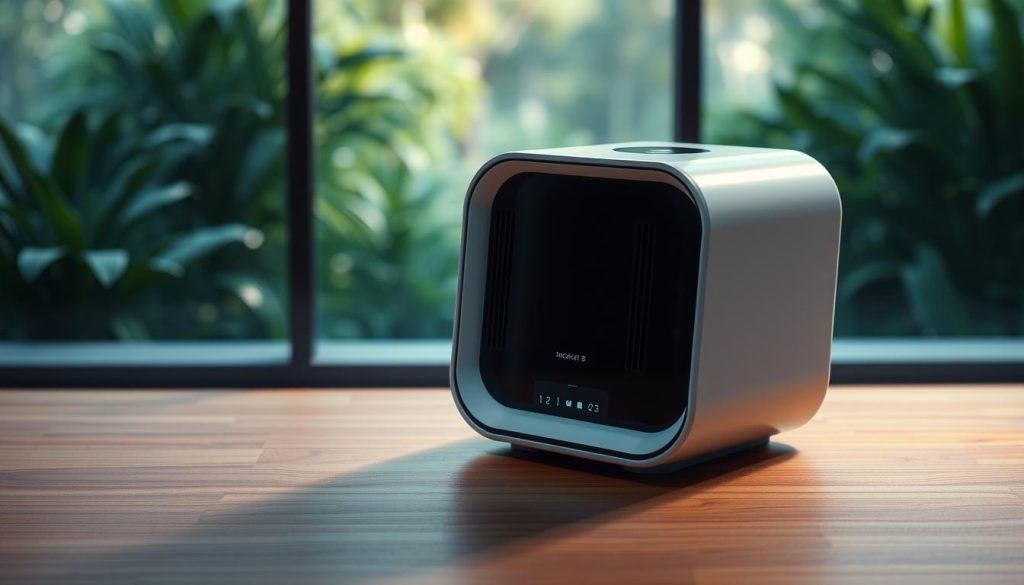 A sleek, modern negative ion generator sits atop a polished, minimalist wooden surface, its futuristic design emanating a sense of clean, natural energy. Soft, ambient lighting gently illuminates the device, highlighting its minimalist control panel and discreet air vents. In the background, a tranquil, nature-inspired scene unfolds, with lush greenery and a serene, calming atmosphere that complements the generator's purpose. The overall composition conveys a sense of wellness, efficiency, and the harmonious integration of technology and nature.
