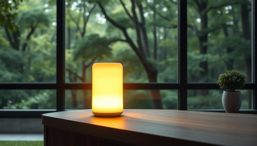 A sleek, modern negative ion generator sits prominently on a minimalist wooden desk, casting a warm, therapeutic glow. The device's smooth, cylindrical form is illuminated by soft, diffused lighting, creating a serene and calming atmosphere. In the background, a lush, verdant forest scene is visible through a large window, hinting at the connection between negative ions and the natural world. The overall composition evokes a sense of harmony and balance, reflecting the article's focus on integrating negative ion therapy into everyday life.