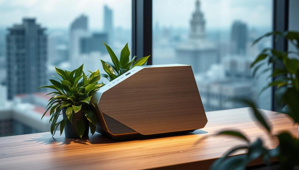 A sleek, modern negative ion generator sits prominently on a minimalist wooden desk, surrounded by lush green plants. The device's sleek, angular design features a brushed metal finish, emitting a subtle glow. Soft, directional lighting illuminates the scene, casting gentle shadows and highlighting the generator's intricate details. In the background, a serene, blurred cityscape or nature scene provides a calming backdrop, reinforcing the device's purpose of improving indoor air quality. The overall composition conveys a sense of tranquility, efficiency, and the harmonious integration of technology and nature.