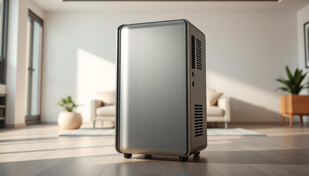 A sleek, modern negative ion generator stands prominently in the foreground, its clean lines and minimalist design conveying a sense of efficiency and technological sophistication. The device is captured in a well-lit, studio-like setting, with soft, directional lighting that accentuates its polished, metallic surfaces and various control panels and vents. In the middle ground, a subtly blurred backdrop suggests a serene, indoor living space, hinting at the generator's intended use in a home or office environment. The overall atmosphere is one of calm, wellness, and a keen attention to detail, reflecting the device's purpose of purifying the air and promoting a healthier, more balanced indoor environment.