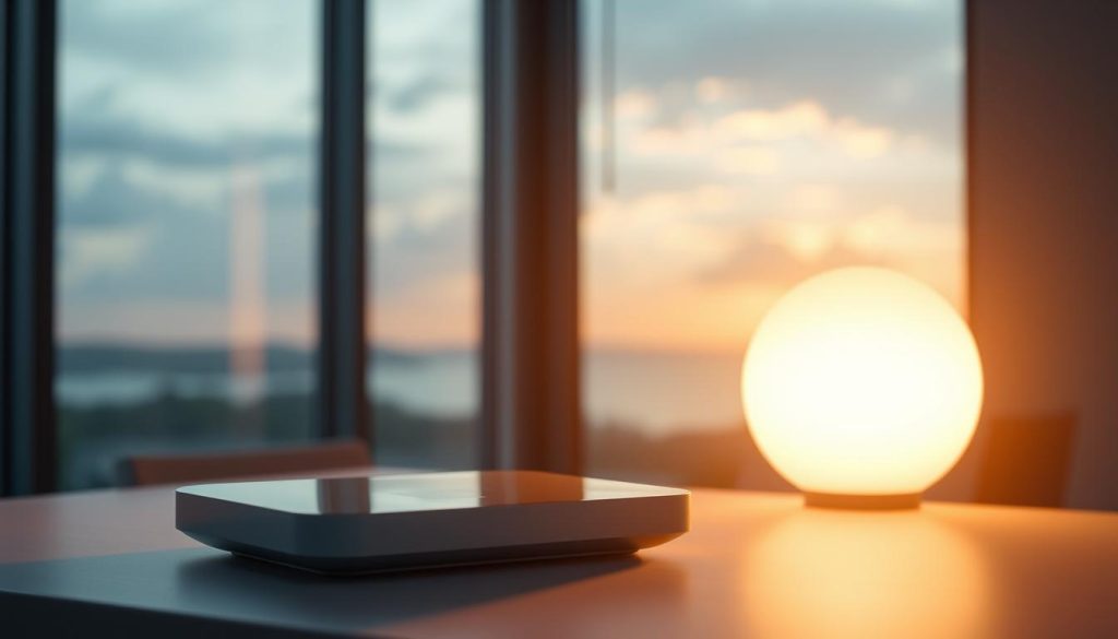 A sleek, modern ozone-free negative ion device rests on a minimalist desk, its smooth casing reflecting the warm glow of a softly diffused light. The device's discreet design blends seamlessly with its surroundings, emanating a sense of calm and purity. In the background, a large window offers a serene, nature-inspired vista, hinting at the device's ability to cleanse the air and create a refreshing, rejuvenating atmosphere. The scene conveys a balanced, tech-savvy lifestyle, where cutting-edge air purification technology coexists harmoniously with a tranquil, eco-conscious aesthetic.