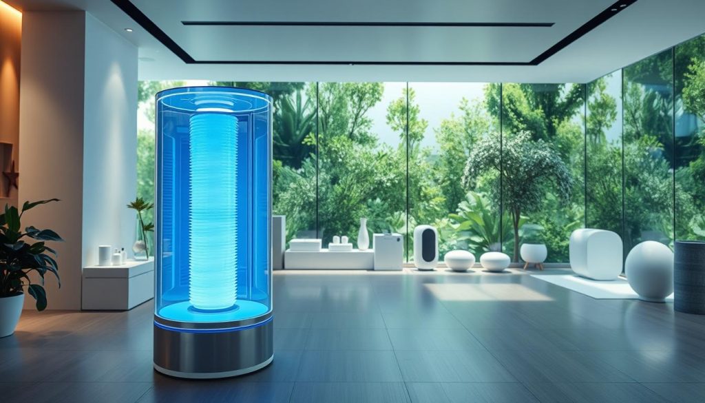 A sleek, modern wellness center with a prominent ionization display. In the foreground, a large transparent glass chamber emits a gentle blue glow, showcasing the process of air ionization. The middle ground features various wellness products and devices, their designs clean and minimalist. The background depicts a soothing, nature-inspired environment with lush greenery and soft, diffused lighting, creating a calming, spa-like atmosphere. The overall scene conveys a sense of innovation, health, and the integration of advanced technology into holistic wellness practices.