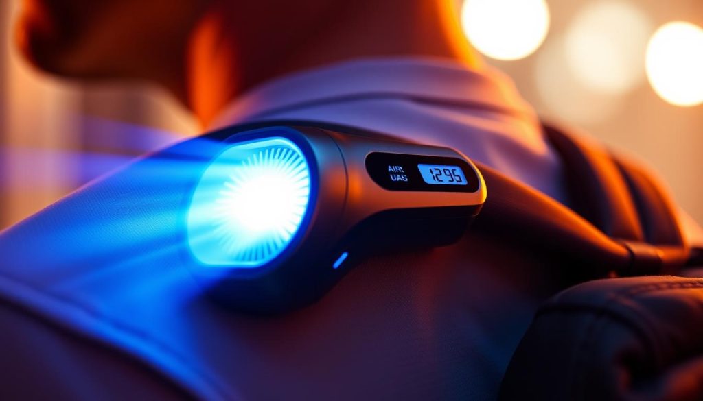 A sleek, portable negative ion air purifier with a compact, ergonomic design, effortlessly clipped onto a shirt or backpack. The device emits a gentle blue glow, subtly illuminating the user's personal space and radiating a sense of clean, fresh air. Rendered in a minimalist, high-tech aesthetic, the purifier's metal casing and intuitive controls suggest advanced air filtration technology at work. Backlit buttons allow for easy adjustments, while a discreet OLED display conveys real-time air quality metrics. Bathed in warm, directional lighting, the purifier projects an aura of modern functionality, ready to provide clean air on the go.