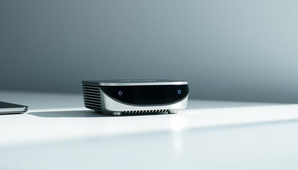 A small, sleek ionizer device rests on a minimalist desk, its silver and black chassis gleaming under soft, diffused lighting. The device's curved form and subtle LED indicators suggest advanced air purification technology. In the foreground, the ionizer's air intake and output vents are prominently featured, hinting at its efficient particle capture and dispersion. The middle ground showcases the device's compact size, making it an ideal companion for home or office use. The background fades into a clean, uncluttered space, allowing the ionizer to be the focal point and emphasizing its simple, functional design.