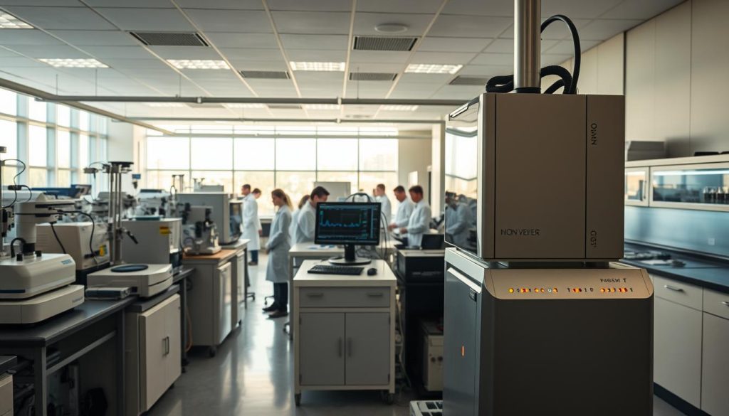 A state-of-the-art research laboratory, filled with cutting-edge ion analysis equipment. In the foreground, a high-resolution mass spectrometer stands, its sleek metallic casing and blinking lights reflecting the soft glow of overhead task lighting. Around it, various specialized instruments - ion mobility spectrometers, electrostatic ion traps, and ion beam focusing optics - form a complex yet organized arrangement. In the middle ground, scientists in crisp white lab coats move purposefully, studying data displays and consulting with colleagues. The background reveals a panoramic view of the lab, with large windows allowing natural light to pour in, casting a warm, productive atmosphere over the entire scene.