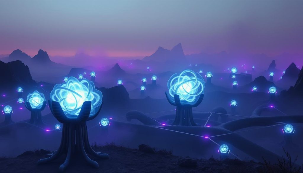A surreal landscape filled with wild, futuristic negative ion generators. Sleek, organic structures in shades of blue and purple emit swirling plasma, illuminating the misty environment. In the foreground, a central device resembles a glowing, crystalline nucleus, surrounded by smaller, pulsating satellites. The middle ground features a network of interconnected, tentacle-like conduits directing the ion flow. In the distance, a horizon of jagged, alien mountains is veiled in an ethereal haze. Dramatic, directional lighting casts dramatic shadows, enhancing the technological mystique. The overall mood is one of mysterious, natural-yet-artificial wonder.