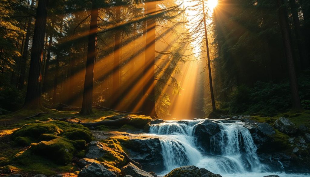 A tranquil forest scene, with towering evergreen trees casting long shadows over a lush, mossy floor. Beams of warm, golden sunlight filter through the canopy, illuminating the air with shimmering negative ions. In the foreground, a cascading waterfall tumbles over ancient, weathered rocks, its spray creating a misty, charged atmosphere. The overall mood is one of serene, natural energy, inviting the viewer to connect with the Earth's rejuvenating powers.