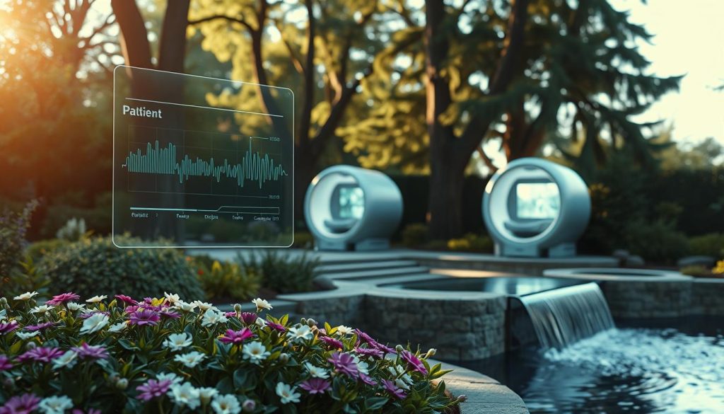 A tranquil garden setting with futuristic medical devices seamlessly integrated into the natural environment. In the foreground, a holographic display hovers above a lush flowerbed, showcasing a patient's real-time biometric data. In the middle ground, a soothing water feature gently cascades, emitting negative ions that invigorate the air. In the background, sleek, organic-inspired medical pods are nestled among towering trees, their soft lighting creating a calming ambiance. The scene is illuminated by a warm, diffused glow, as if bathed in natural sunlight. The overall atmosphere evokes a sense of harmony between cutting-edge technology and the restorative power of nature.