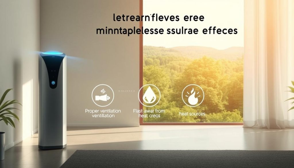A tranquil scene depicting safety tips for neutralizing negative side effects. In the foreground, a serene indoor environment with a calming air purifier unit standing tall, its sleek design and soft lighting creating a sense of serenity. The middle ground showcases various safety precautions, such as proper ventilation, and the placement of the unit away from heat sources. In the background, a lush, verdant landscape visible through a large window, symbolizing the harmony between technology and nature. The overall composition conveys a peaceful, balanced atmosphere, with soft, diffused lighting and muted tones that evoke a sense of well-being and safety.