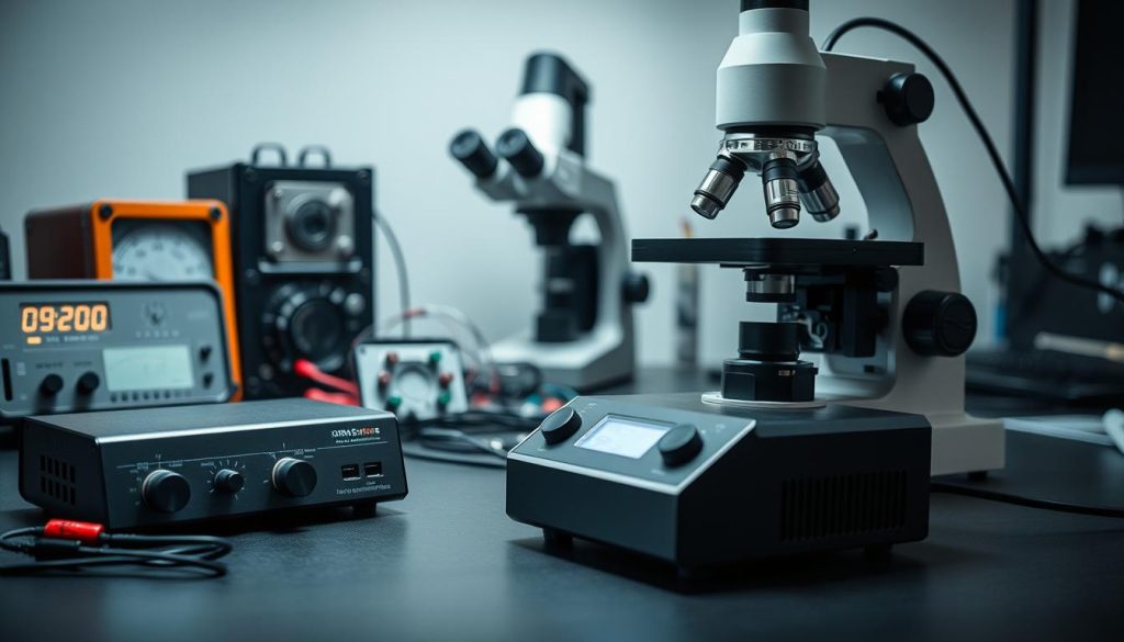 A well-lit, close-up view of a desktop workspace showcasing various components for generating negative ions at home. In the foreground, a sleek, modern-looking ion generator device with controls and display. Surrounding it, a collection of scientific-looking equipment such as a voltmeter, capacitors, and wiring. In the middle ground, a microscope focused on capturing the intricate details of the ion generation process. The background features a clean, minimalist setup with a sense of depth, highlighting the technical nature of the subject. The overall mood is one of precision, experimentation, and the pursuit of scientific knowledge.